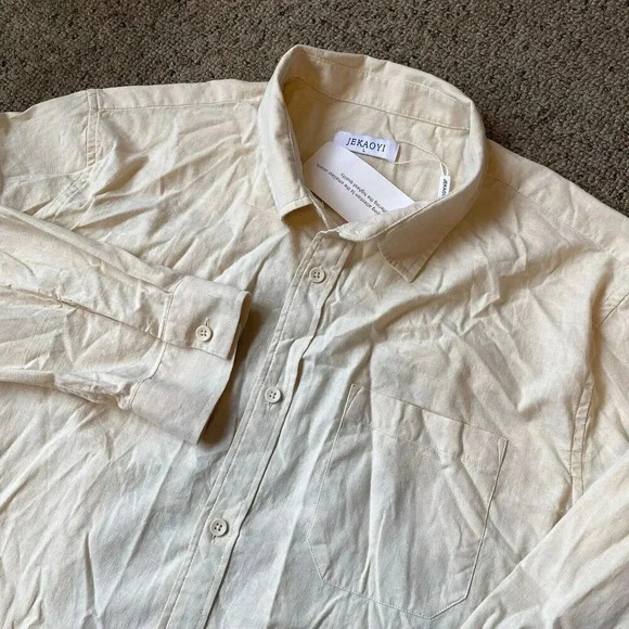 New Men's Jekaoyi Beige Long Sleeve Linen Blend Dress Shirt Size L Resort Wear - Picture 1 of 6